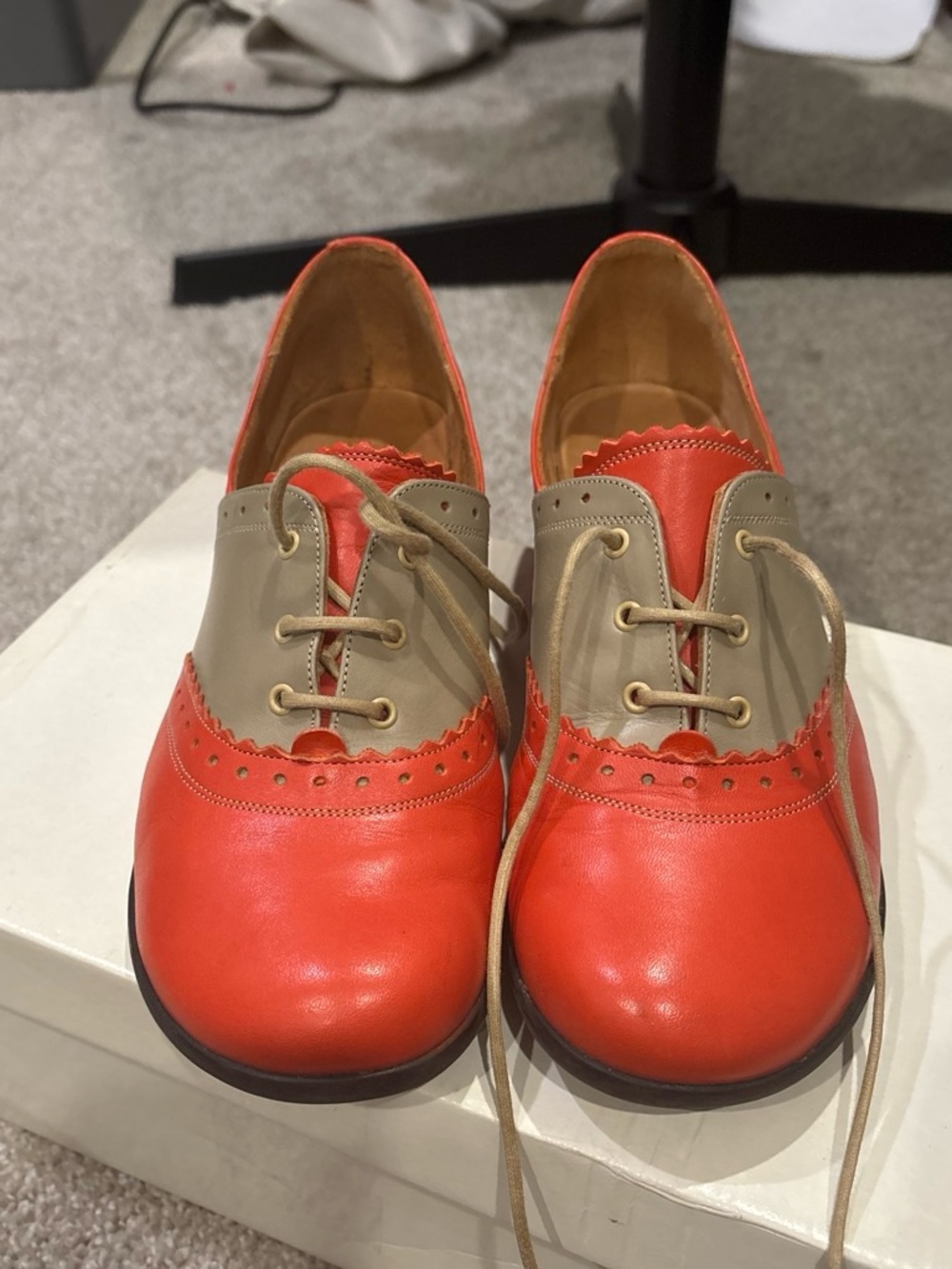 John Fluevog Women's Two-Tone Orange and Tan Oxford Shoes